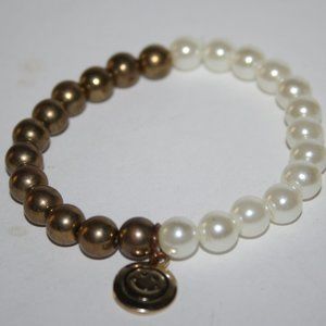 😊 Gold & Faux Pearl Smiley Face Charm Bracelet · 7" · Elastic Fit ✨